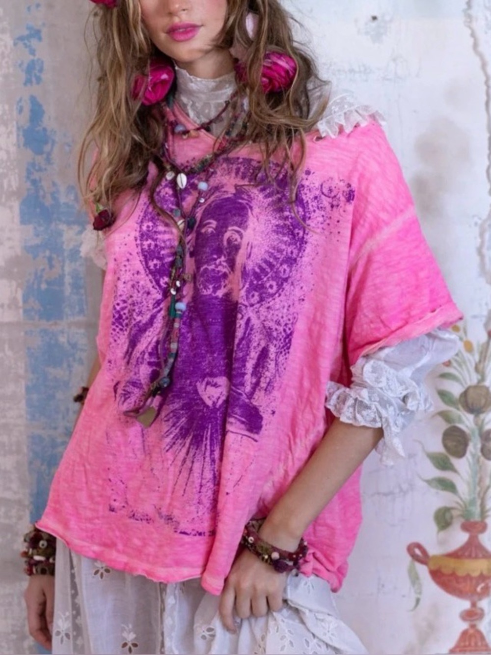NWOT Magnolia Pearl Jesus Love Is Tee in an azalea pink sun-fade oversized